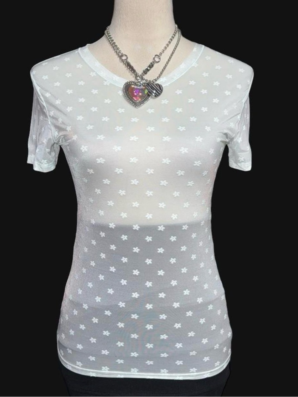 PINK Victoria's Secret White Floral Mesh Short Sleeve Tee